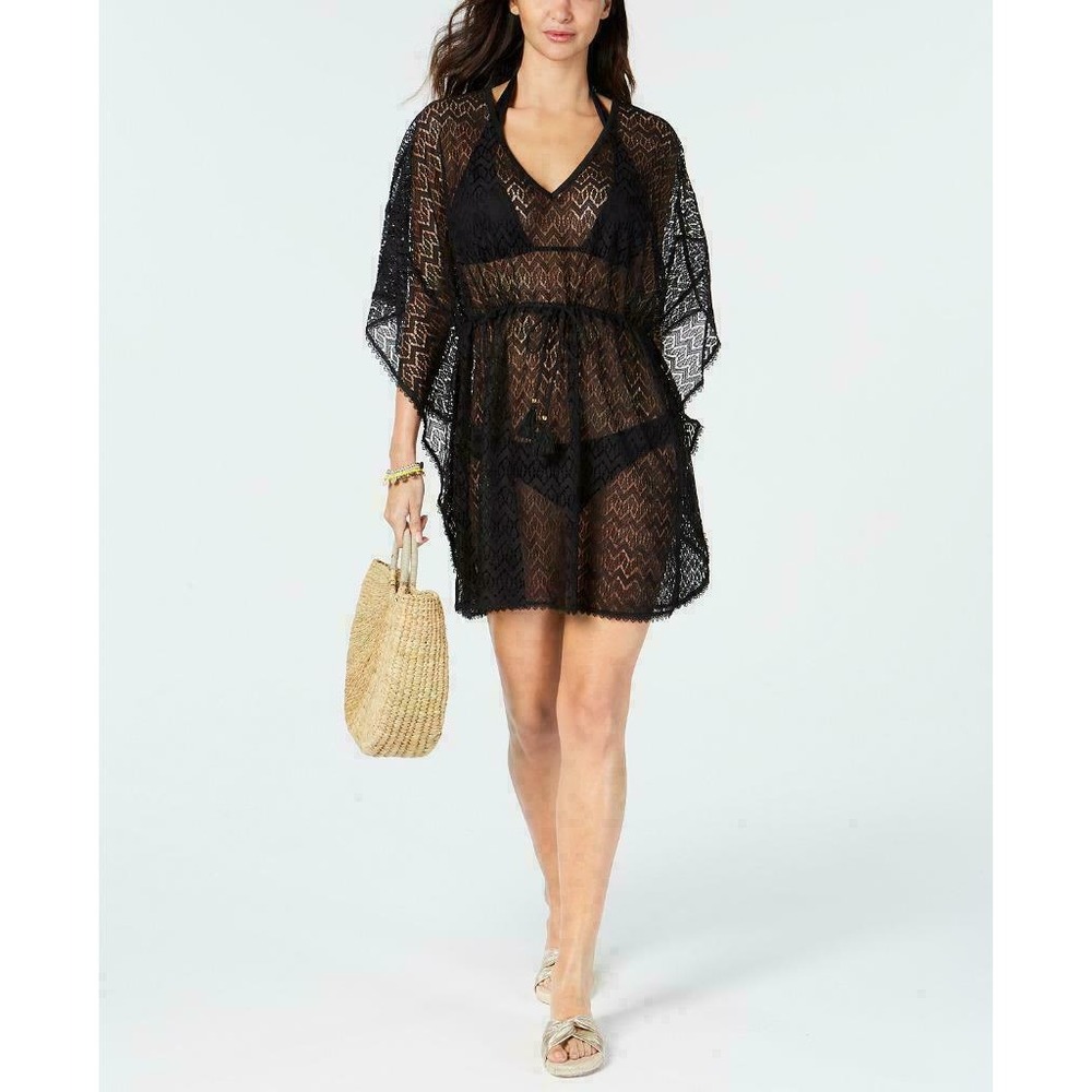 Miken Crochet Caftan Swimsuit‎ Cover-Up Dress Black Size Medium NEW